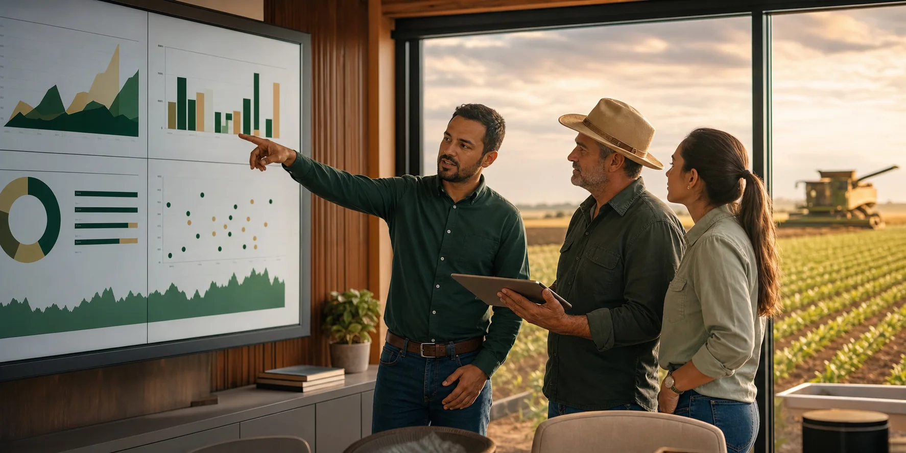 Equipe agrícola analisando indicadores operacionais em uma fazenda