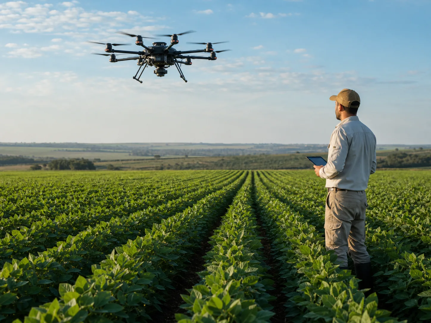 Drone monitorando lavoura de soja com acompanhamento técnico