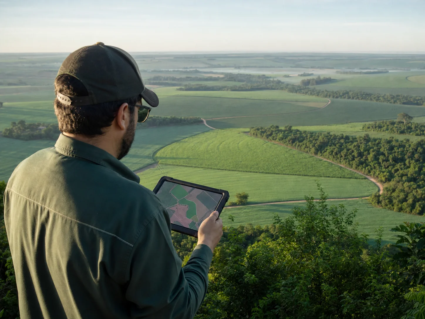 Especialista analisando talhões agrícolas em tablet